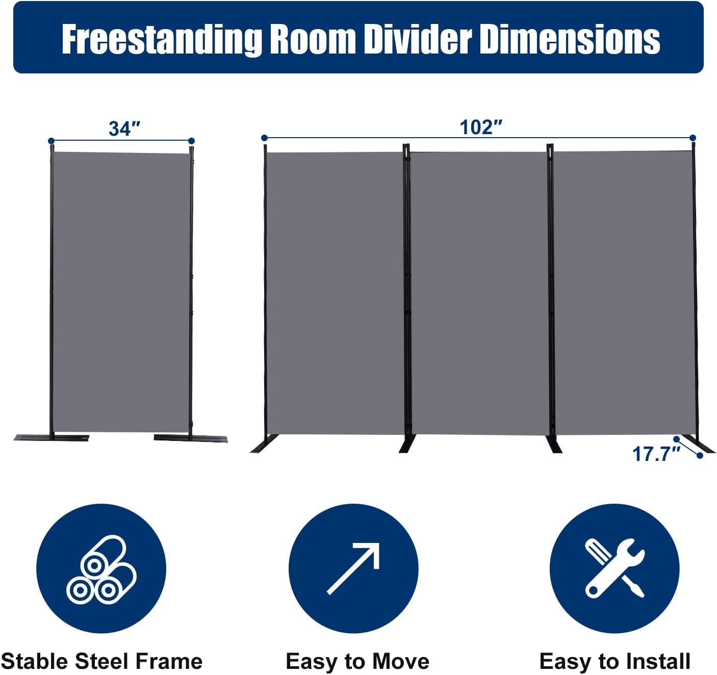 Room Divider 6FT Portable Room Dividers and Folding Privacy Screens, 102'' W Fabric Divider for Room Separation, 3 Panel Partition Room Dividers Freestanding Wall Divider Screen for Dorm Studio Office