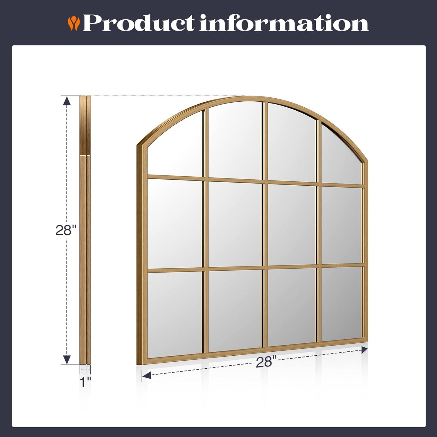 Window Pane Gold Mirror, 28" x 28" Farmhouse Arched Wall Mirror, Brass Rustic Arch Mirrors Large Grid Mirror for Living Room Bedroom Farmhouse Fireplace Hallway Entryway