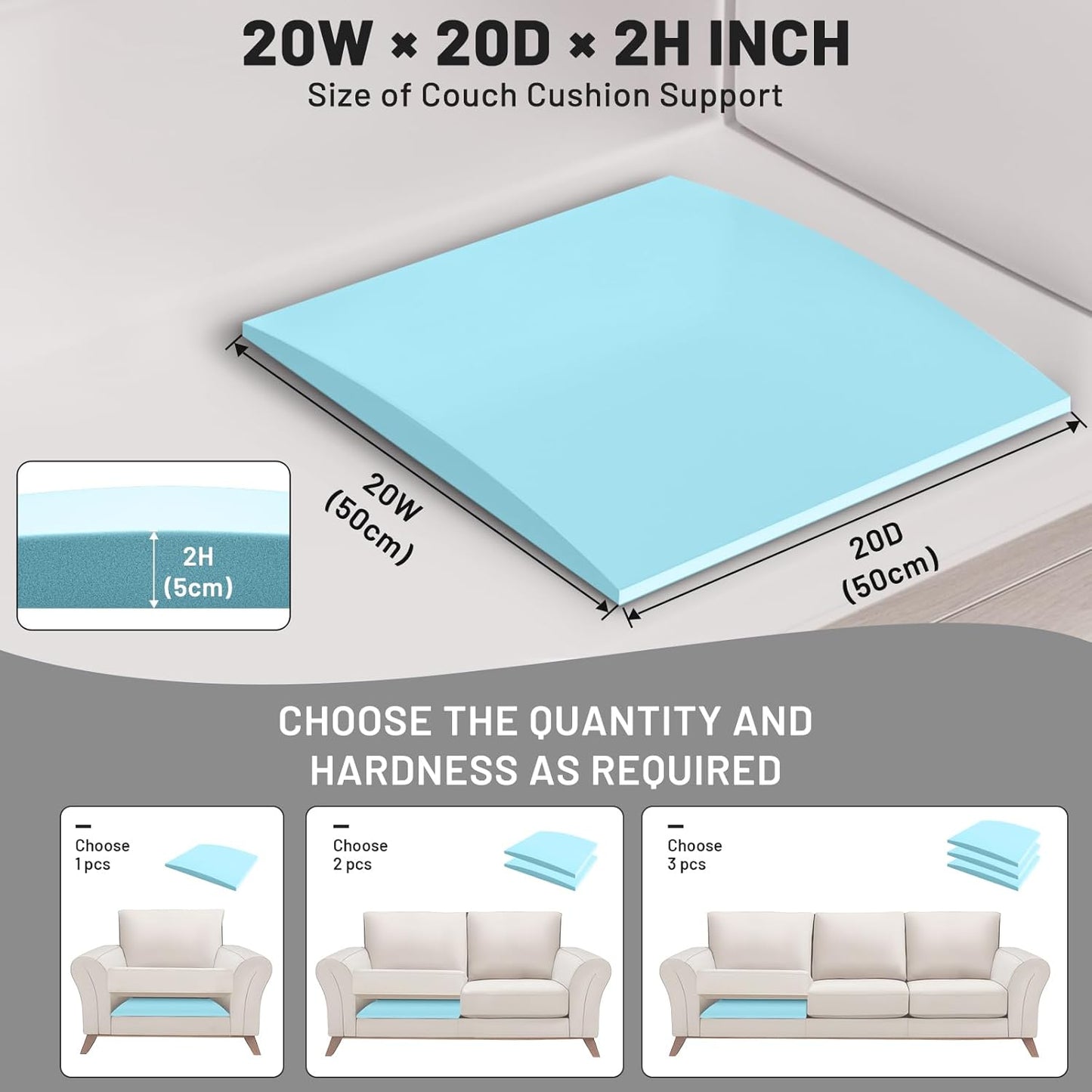 Couch Cushion Support for Sagging Seat – 2 Pack 20x20x2 Inch Sofa Cushion Board Saver & Replacement Insert for Saggy Couch or Chair, Quick No-Tool Install with 40D Memory Foam