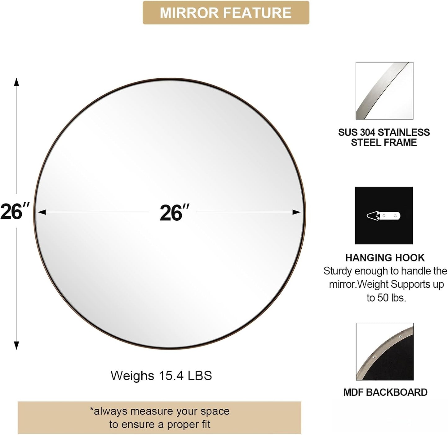 ANDY STAR Nickel Round Mirror, 26" Brushed Nickel Round Mirror, Sliver Circle Bathroom Mirrors in Stainless Steel Metal Frame 1" Deep