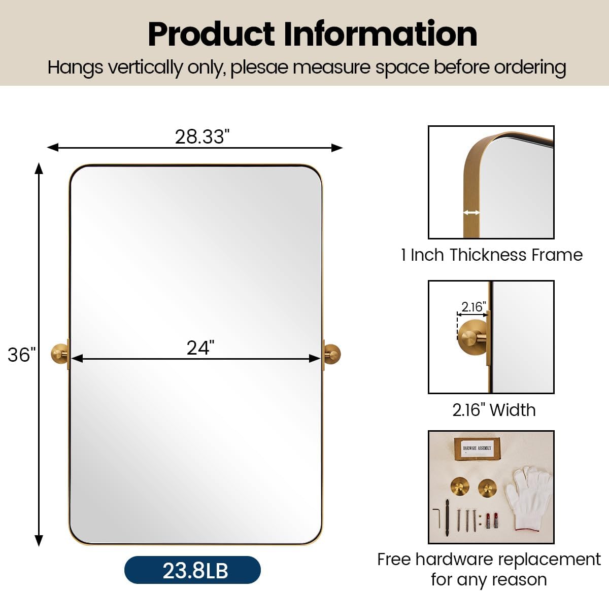 MOON MIRROR 24" x 36" Brushed Gold Metal Framed Pivot Rectangle Bathroom Mirror for Wall, Tilting Rounded Corner Rectangular Vanity Mirror Hangs Vertical Only