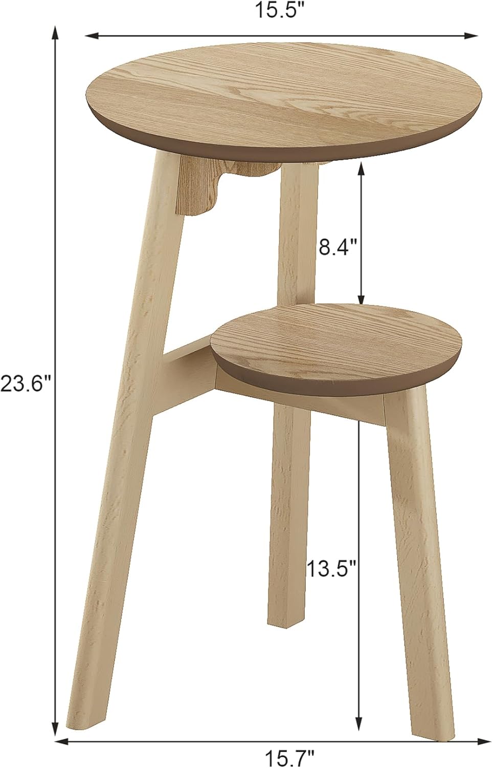 ChooChoo Round End Table Set of 2, Narrow Side Table for Small Spaces, Accent Table Night Stand with 2 Tier Shelf for Bedroom and Living Room, Natural