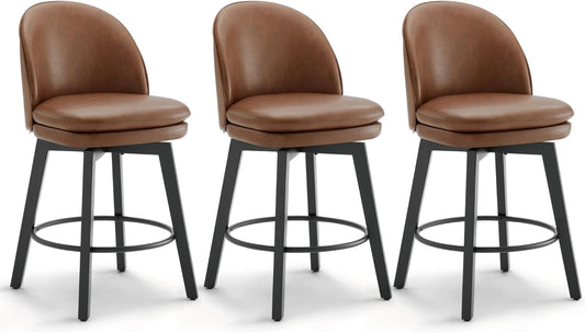 Counter Height Barstools 26 inch Upholstered Swivel Bar Stools with Back and Wood Legs for Kitchen Island,Set of 3,Brown PU Leather-Armless