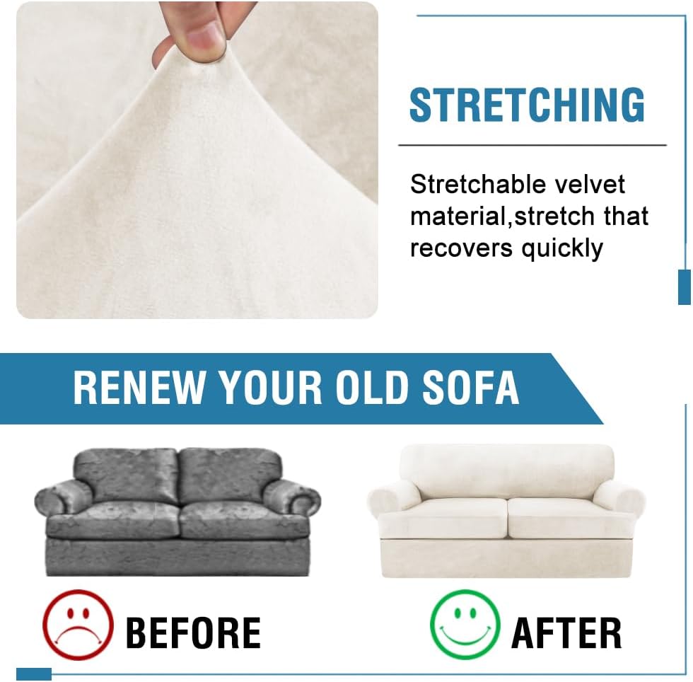 H.VERSAILTEX Sofa Cover 3 Piece T Cushion Loveseat Slipcovers Thick Velvet Couch Cover Stretch T Cushion Sofa Covers for 2 Cushion Couch with 2 Individual T Cushion Covers, Porcelain