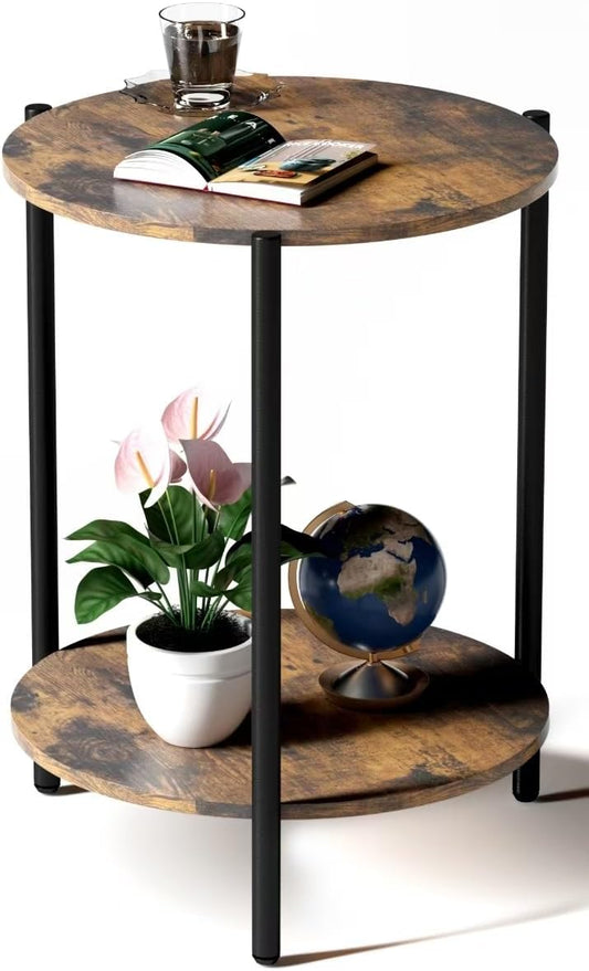 Round Side Table, 2-Tier Circle End Tables with Storage Wood Rustic 15.75" Small End Tables Farmhouse Side Table for Living Room Bedroom Balcony Small Spaces - Walnut