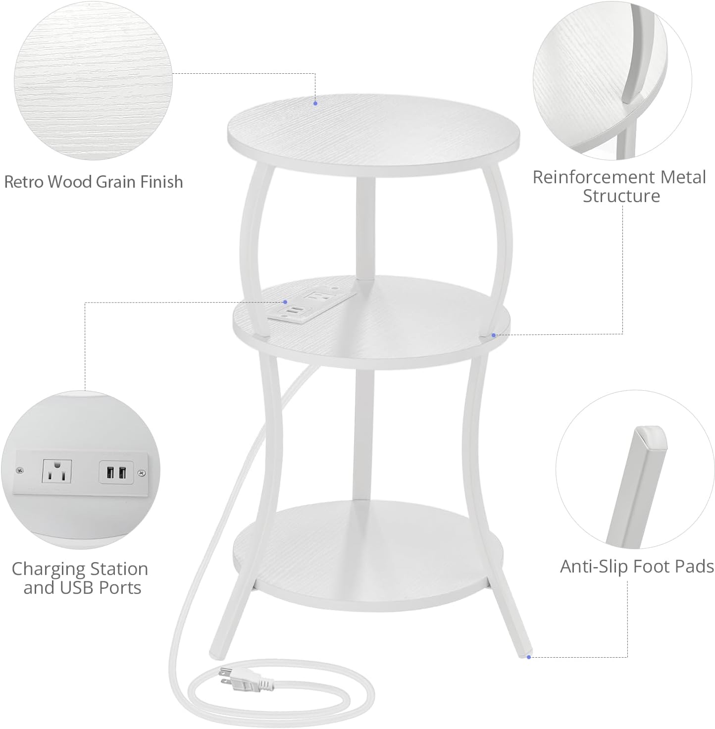 Small Round Side Table with Charging Station, 3-Tier Waist Circular End Table with Storage Shelf, Compact Tea Sofa Side Table Small Spaces, Round Corner Coffee Table for Living Room Bedroon,White