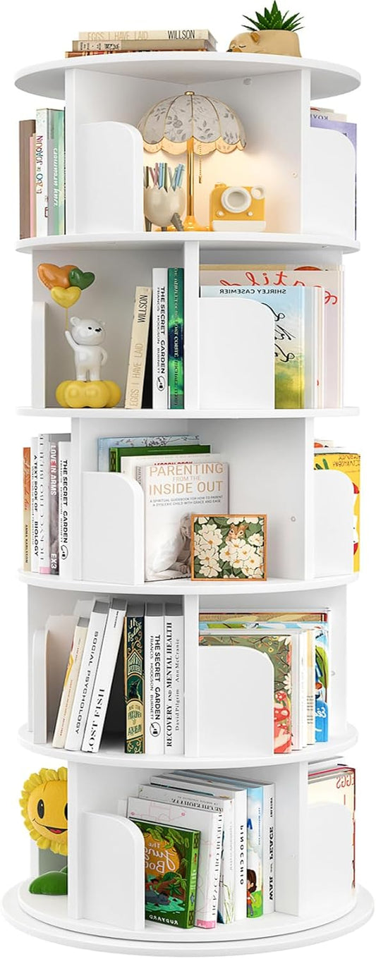 Aheaplus Rotating Bookshelf, 360 Display Wood Spinning Bookshelf Tower, 5 Tier Floor Standing Bookcase Storage Rack, Revolving Bookcase Corner Bookshelfs for Small Space, Bedroom, Study Room, White