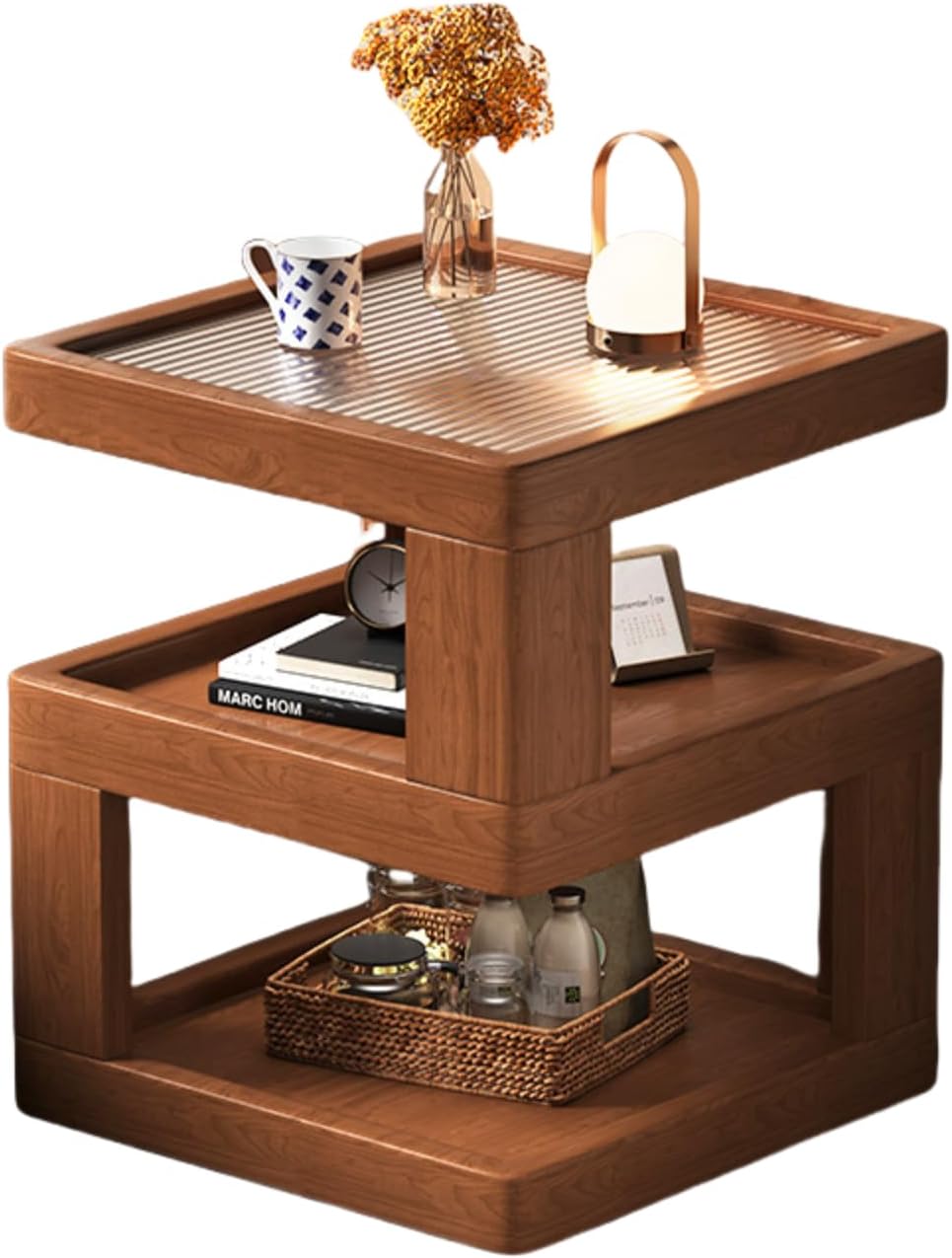 Solid Wood Nightstand,End Tables Bedroom Small Shelf Modern Nightstand Wood Side Table (GLASS-21.3 * 13.8 * 13.8)