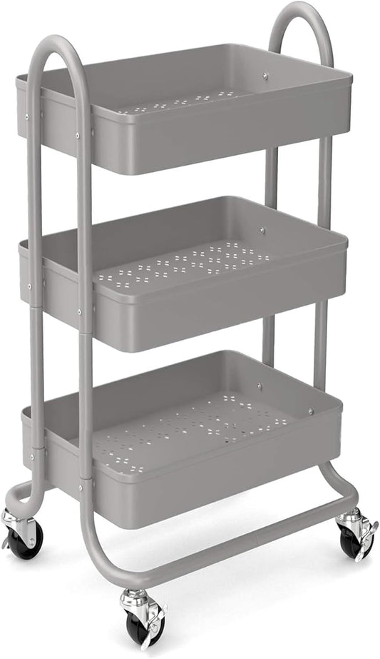 KoolerThings 3-Tier Rolling Metal Storage Organizer - Mobile Utility Rolling Storage Cart, Kitchen Cart with Caster Wheels (Grey)