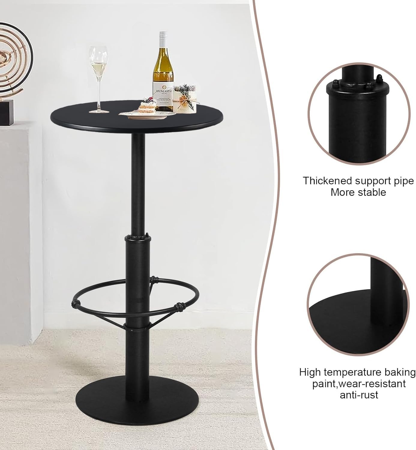 Diwhy Industrial Pub Table 23.6" Iron Round Desktop 37.4" Height Cast Iron Bar Table Black