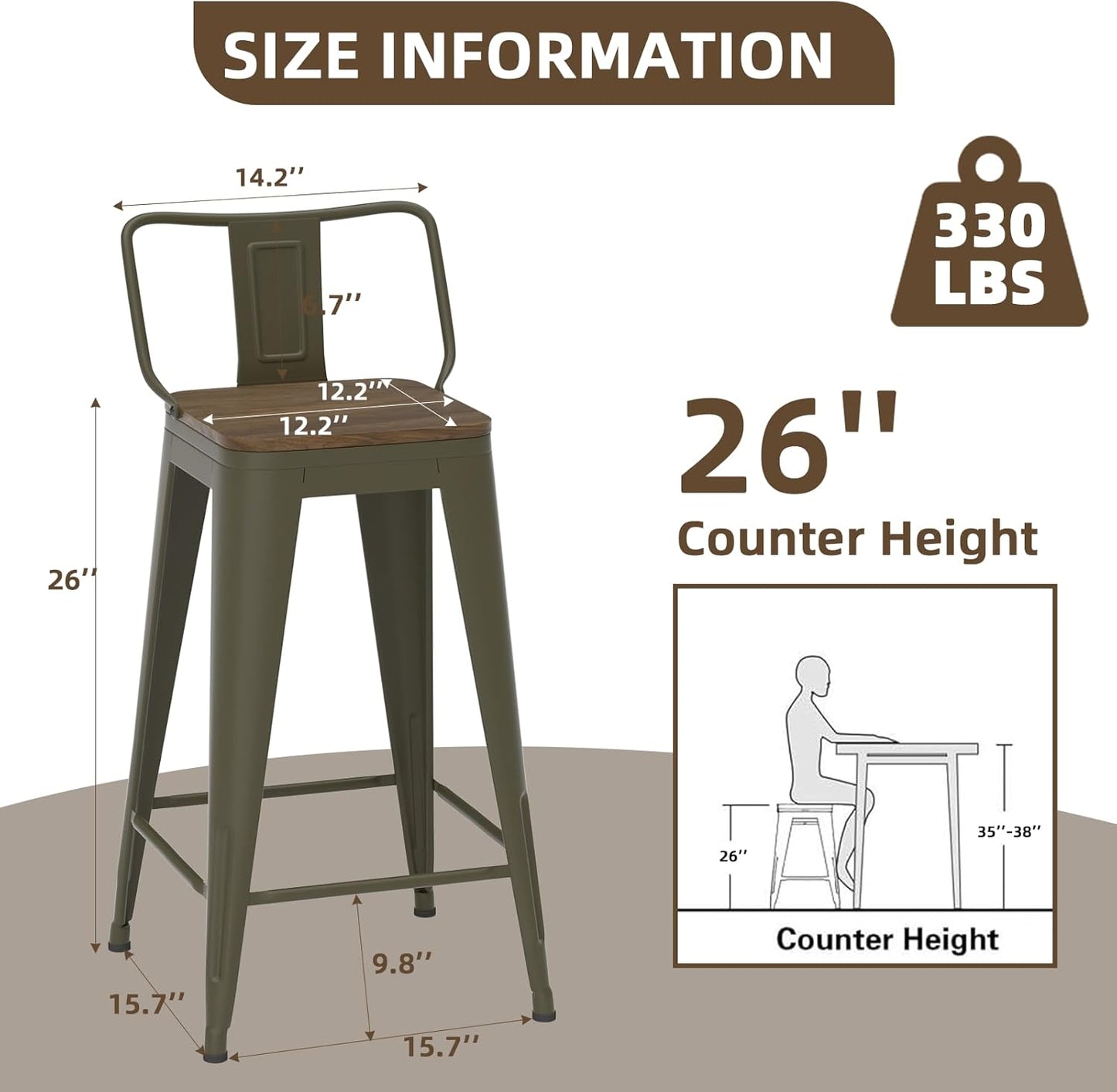 26 Inch Swivel Bar Stools Set of 4, Counter Height Bar Stools with Low Back, Metal Industrial Bar Chairs for Kitchen Island (Rusty)