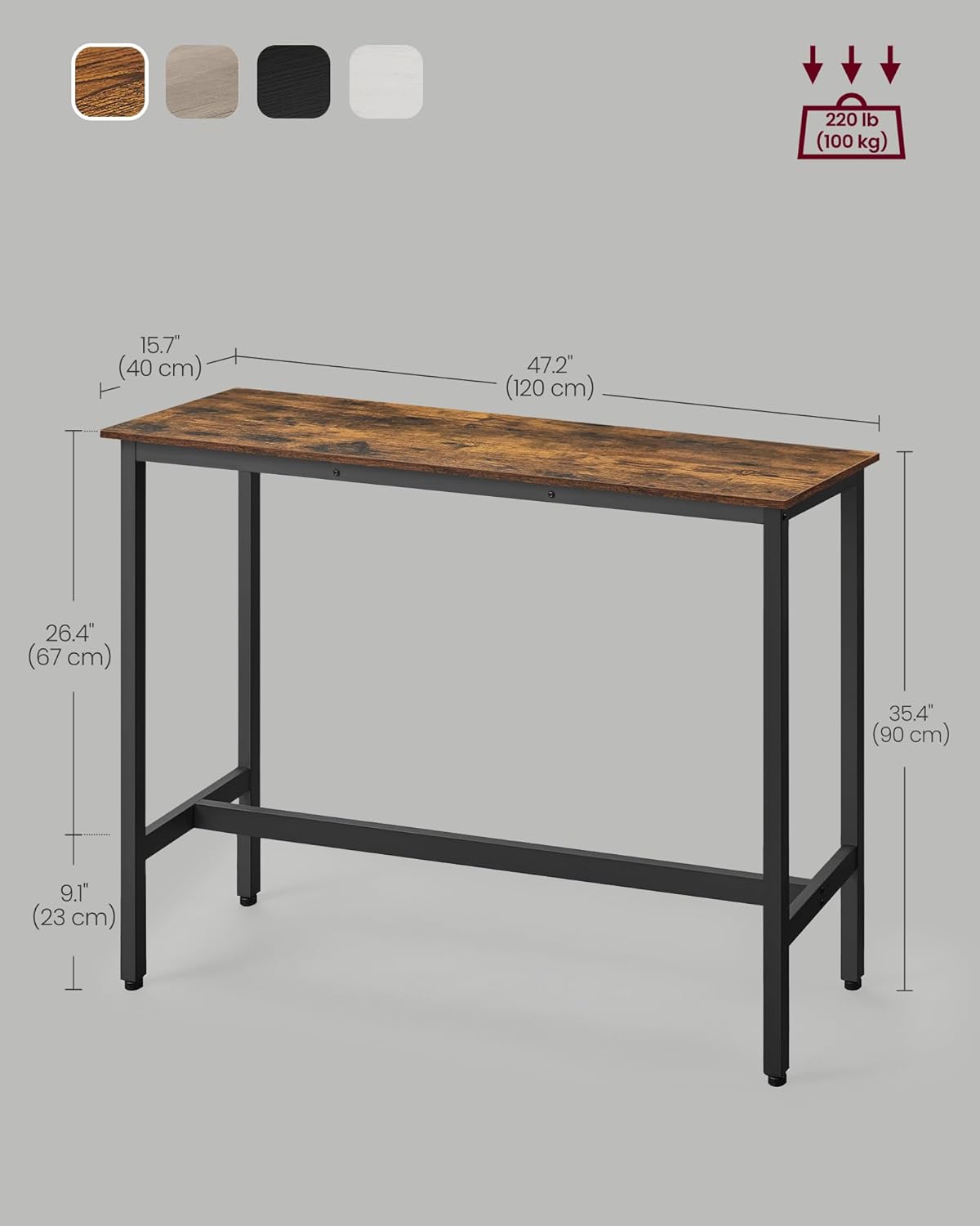 VASAGLE Bar Table, Narrow Long Kitchen Dining Table, Sturdy Metal Frame, Industrial, 15.7 x 47.2 x 35.4 Inches, Rustic Brown and Ink Black ULBT120B01