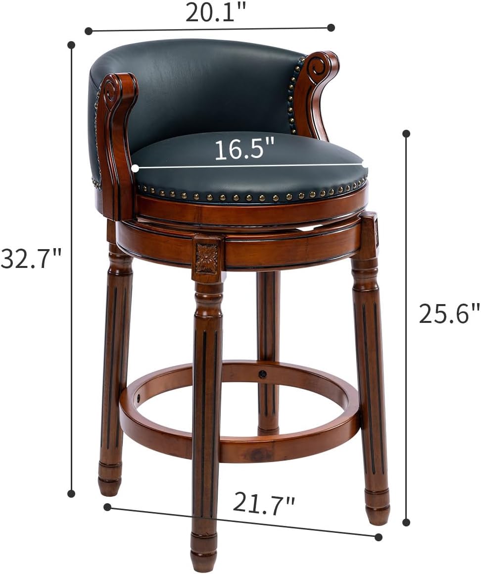 Cow top Leather Wooden Set of 2 Bar Stools, 26" Counter Height Bar Chair with Back, 180 Degrees Swivel Barstools Chair for Home Kitchen Counter,Dining Room, Restaurant