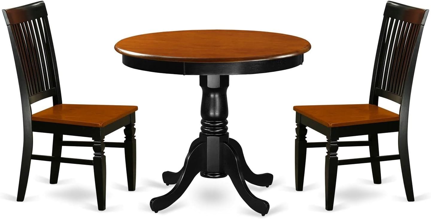 East West Furniture ANWE3-BCH-W 3 Piece Dining Set Contains a Round Dining Room Table with Pedestal and 2 Wood Seat Chairs, 36x36 Inch, Black & Cherry