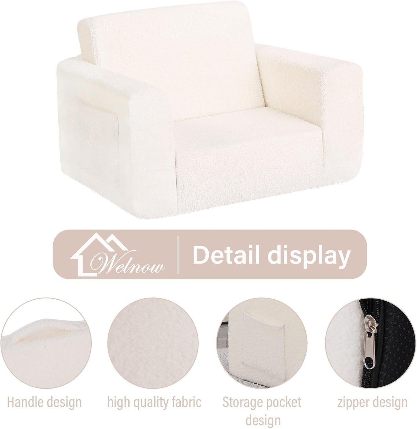 Welnow Toddler Chair, 2-in-1 Soft Sherpa Kids Sofa, Convertible Toddler Couch Lounger, Flip Out Kids Couch Chair with Side Pockets & Removable Cover for Girls and Boys, Beige