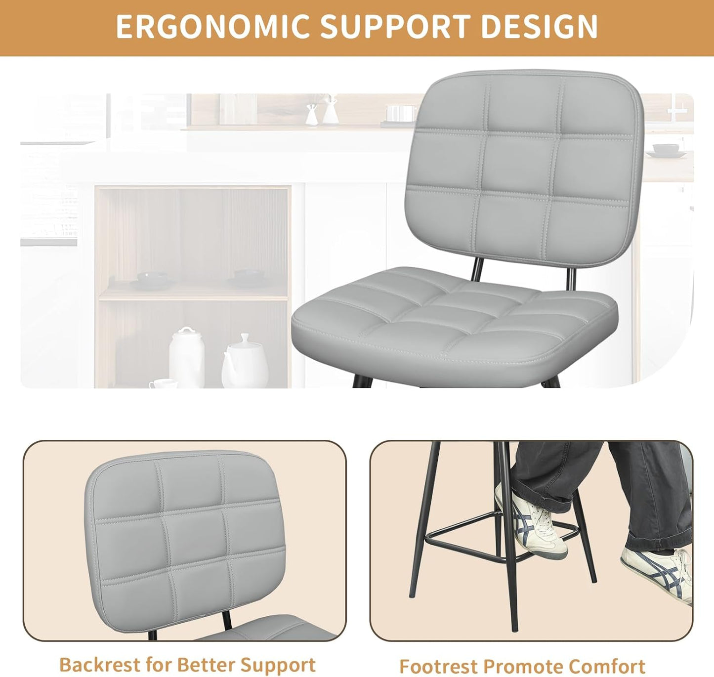 Bar Stools Set of 2, 24 Inch Upholstered Metal Barstool with Back and Footrest, Bar Chair with Metal Base for Dining Room Counter Island, Light Grey