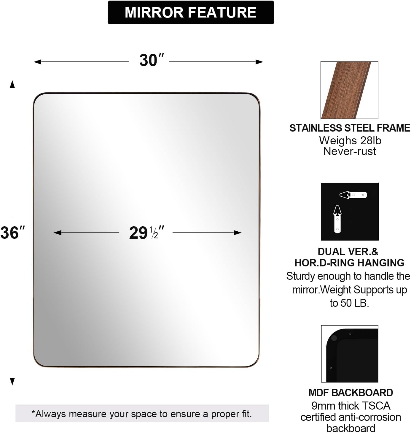 ANDY STAR Bronze Mirror for Wall, 30x36” Rounded Rectangle Bathroom Mirror, Modern Stainless Steel Metal Frame for Vanity