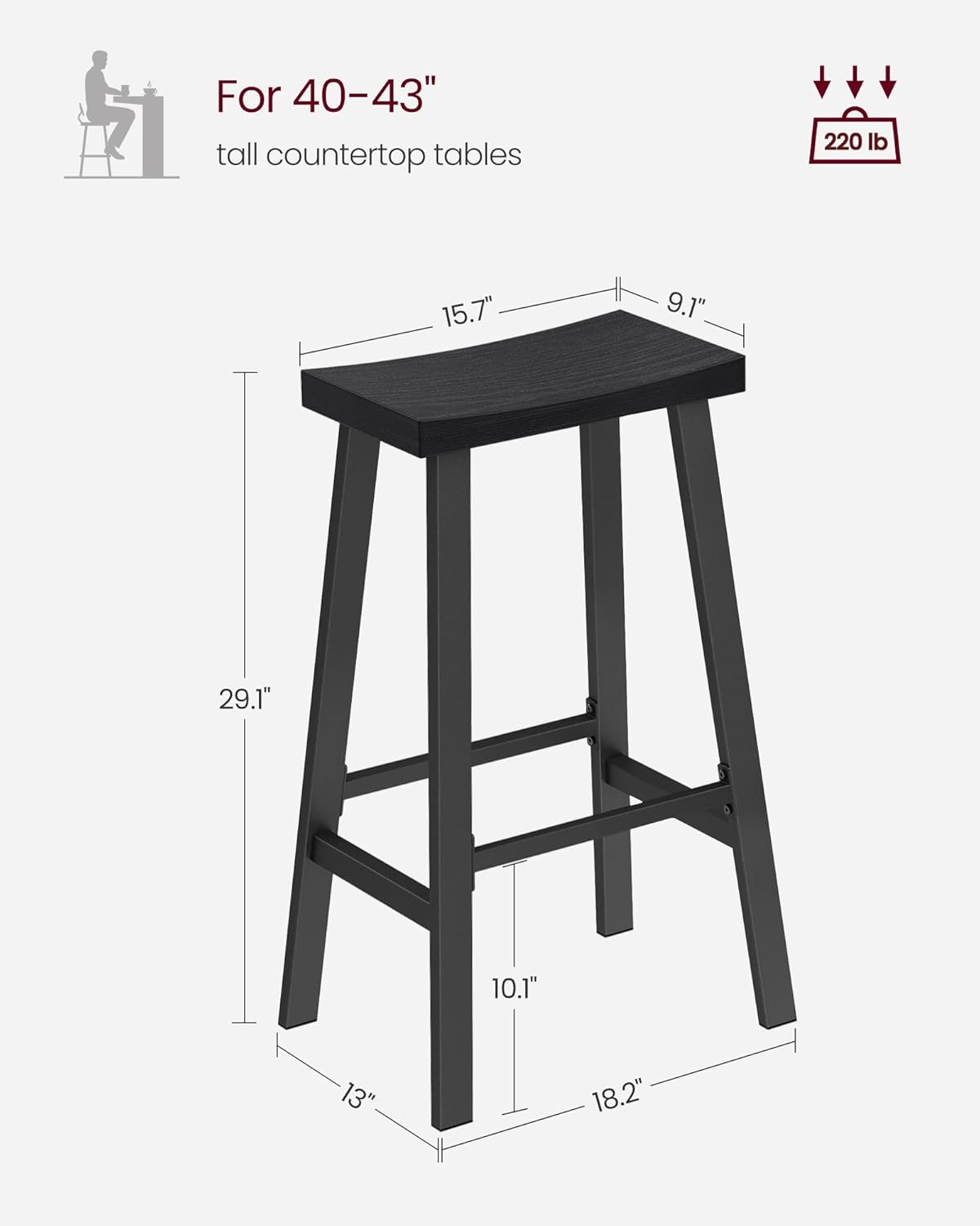 VASAGLE Bar Stools Set of 2, Counter Height Stools, Bar Chairs with Footrest, 29.1 Inches Tall Kitchen Breakfast Stools, Industrial, Living Room Party Room, Black ULBC094B56
