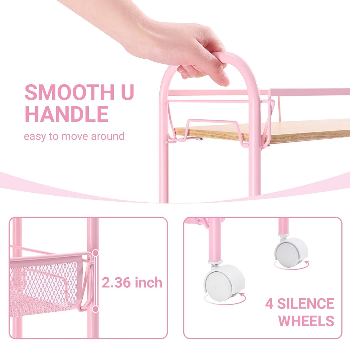 KINGRACK 4-Tier Slim Rolling Cart with Wooden Tabletop, Easy Assemble Metal Utility Cart, Slide Out Narrow Storage Cart for Narrow Space on Bedroom Bathroom Laundry Room Apartments Dormitory, Pink