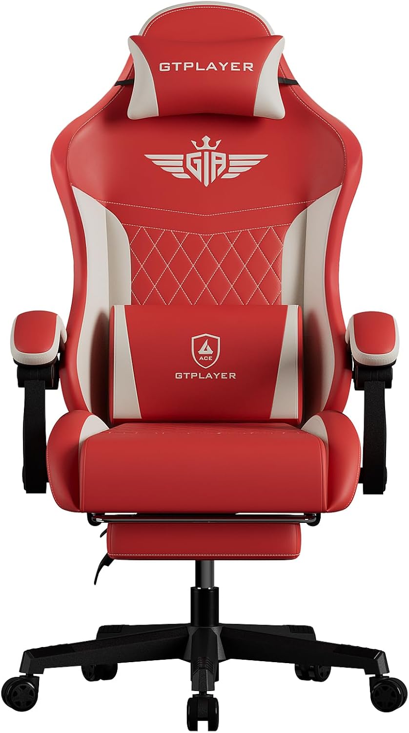 GTPLAYER Gaming Chair, Video Game Chairs with Footrest and Lumbar Support, Computer Chair for Adults with Extended Backrest, Ergonomic Reclining Silla Gamer, PU-Leather, Red