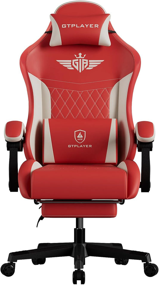 GTPLAYER Gaming Chair, Video Game Chairs with Footrest and Lumbar Support, Computer Chair for Adults with Extended Backrest, Ergonomic Reclining Silla Gamer, PU-Leather, Red