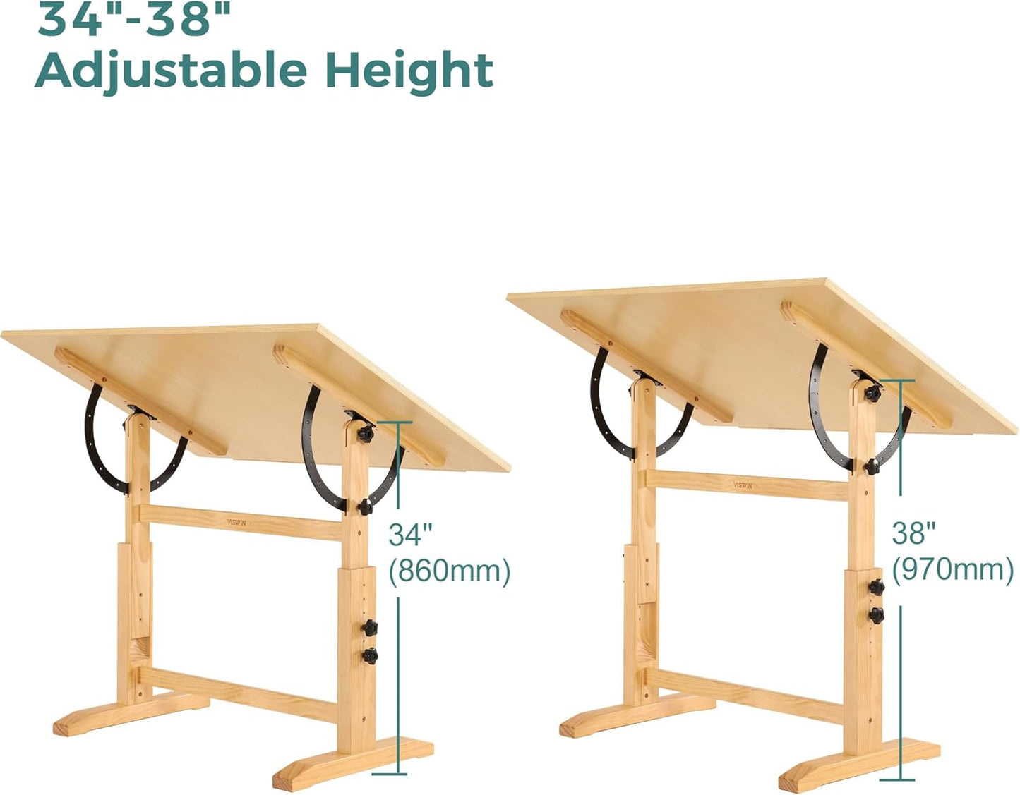 VISWIN Wood Drafting Table for Adults, 30" X 42" Extra-Large Drawing Table with Adjustable Height & Angle for Art Studio, Solid Pine Wood Artist Desk for Drawing, Drafting, Writing, Reading