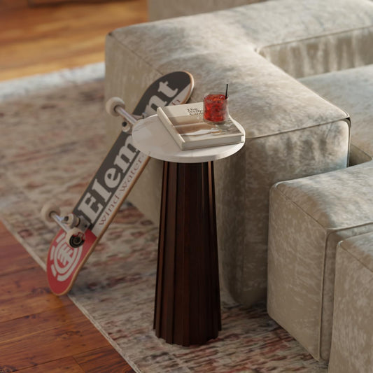 Ma'gro Drink Table – Solid Mango Wood Fluted Base with Real White Marble Top | Farmhouse Accent Side Table for Boho Decor, Bedside, Entryway, Plant Stand, Night Stand & Small Living Spaces