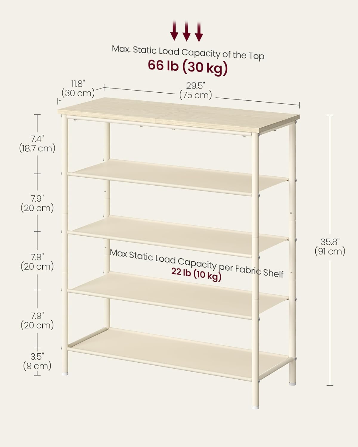 VASAGLE Shoe Rack, 5-Tier Shoe Storage Organizer for Entryway and Closet, Holds 12-16 Pairs of Shoes, 4 Fabric Shelves, Steel Frame, Modern, Natural Beige and Pearl White ULBS036K01