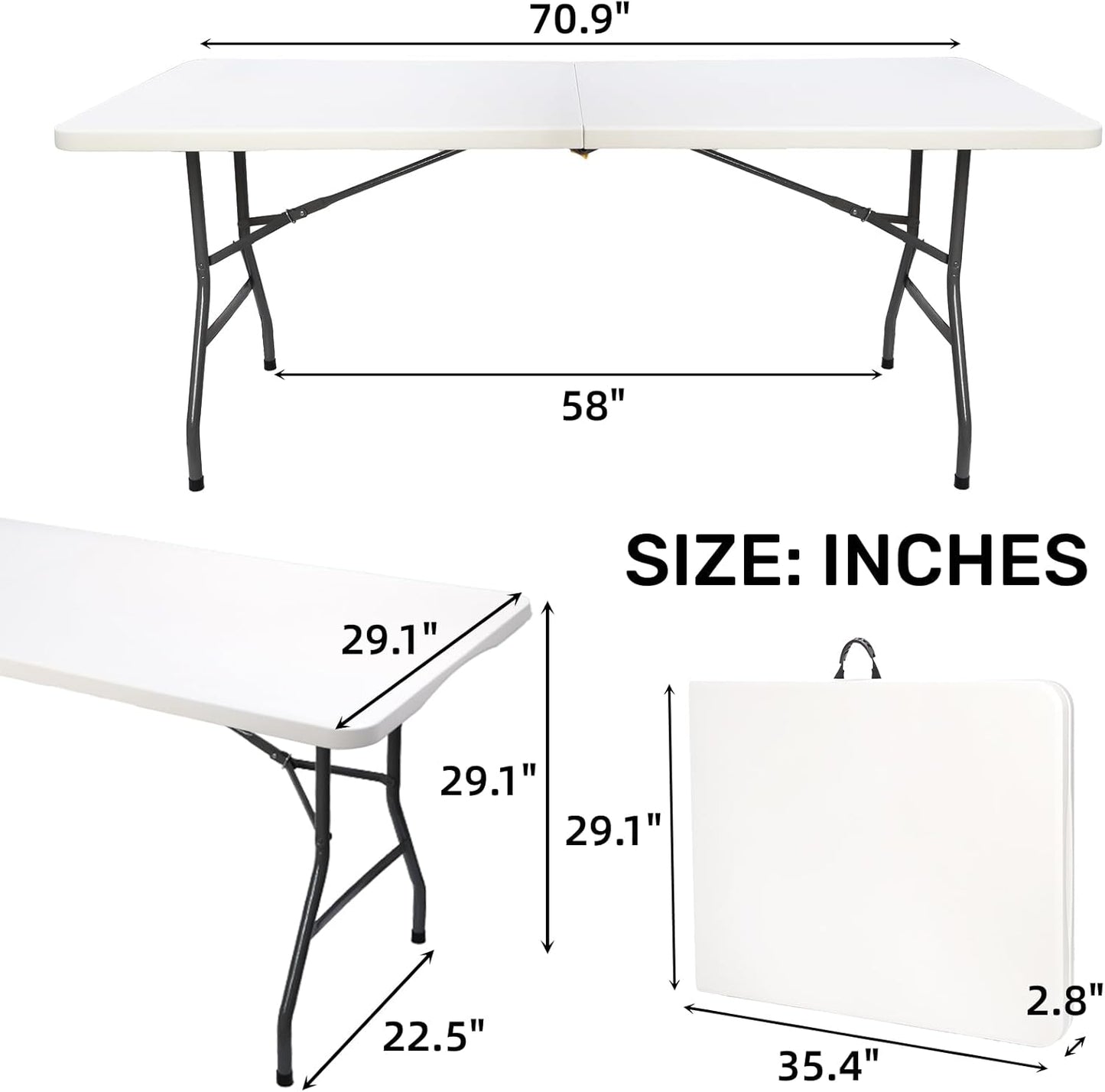 Goaste 6 Foot Folding Table, Portable Plastic Dining Table, Fold-in-Half Heavy Duty Table Indoor Outdoor for Camping, Picnic, Party, BBQ, Wedding, White