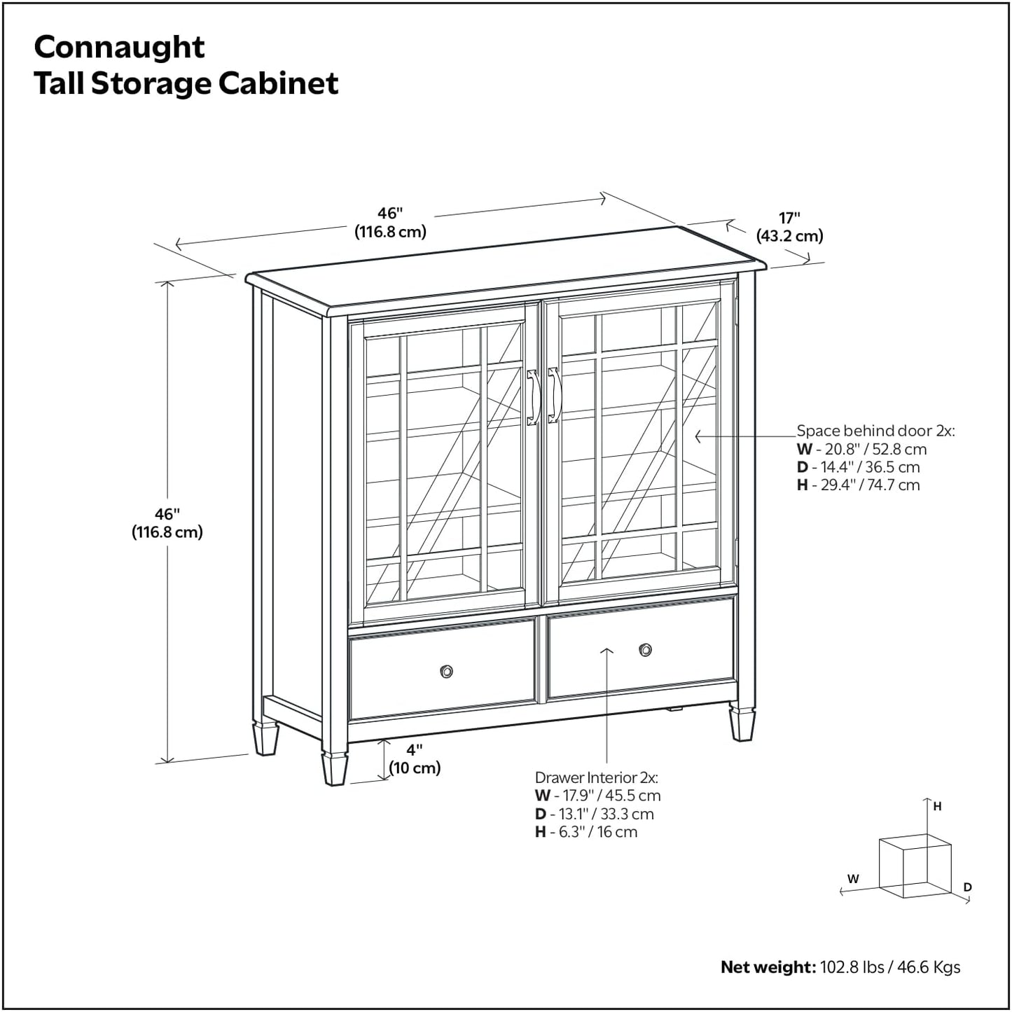 SIMPLIHOME Connaught SOLID WOOD 46 inch Wide Traditional Tall Storage Cabinet in Black for the Living Room, Entryway and Family Room