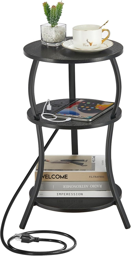 Small Round Side Table with Charging Station, 3-Tier Waist Circular End Table with Storage Shelf, Compact Tea Sofa Side Table Small Spaces, Round Corner Coffee Table for Living Room Bedroon,Black