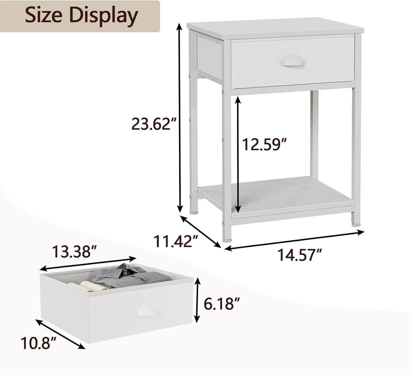Furologee White Nightstand with Fabric Drawer, Small Side Table for Small Spaces, 2 Tiers Storage Shelves End Table, Night Stand for Living Room, Bedroom, Dorm