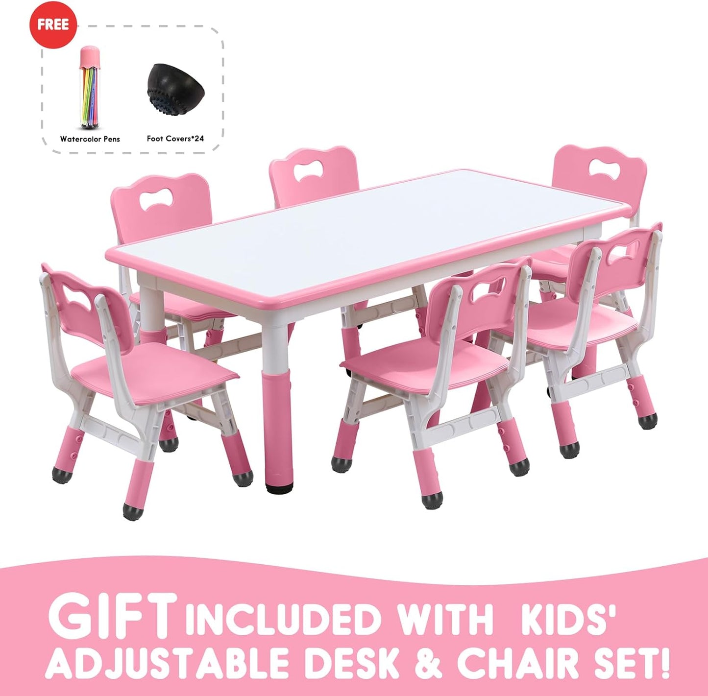 Kids Table and Chairs Set, Height Adjustable Desk With 6 Seats for Ages 3-12,Arts & Crafts Table,Graffiti Desktop, Non-Slip Legs, Max 300lbs, Children Multi-Activity Table for Classrooms,Daycares,Home