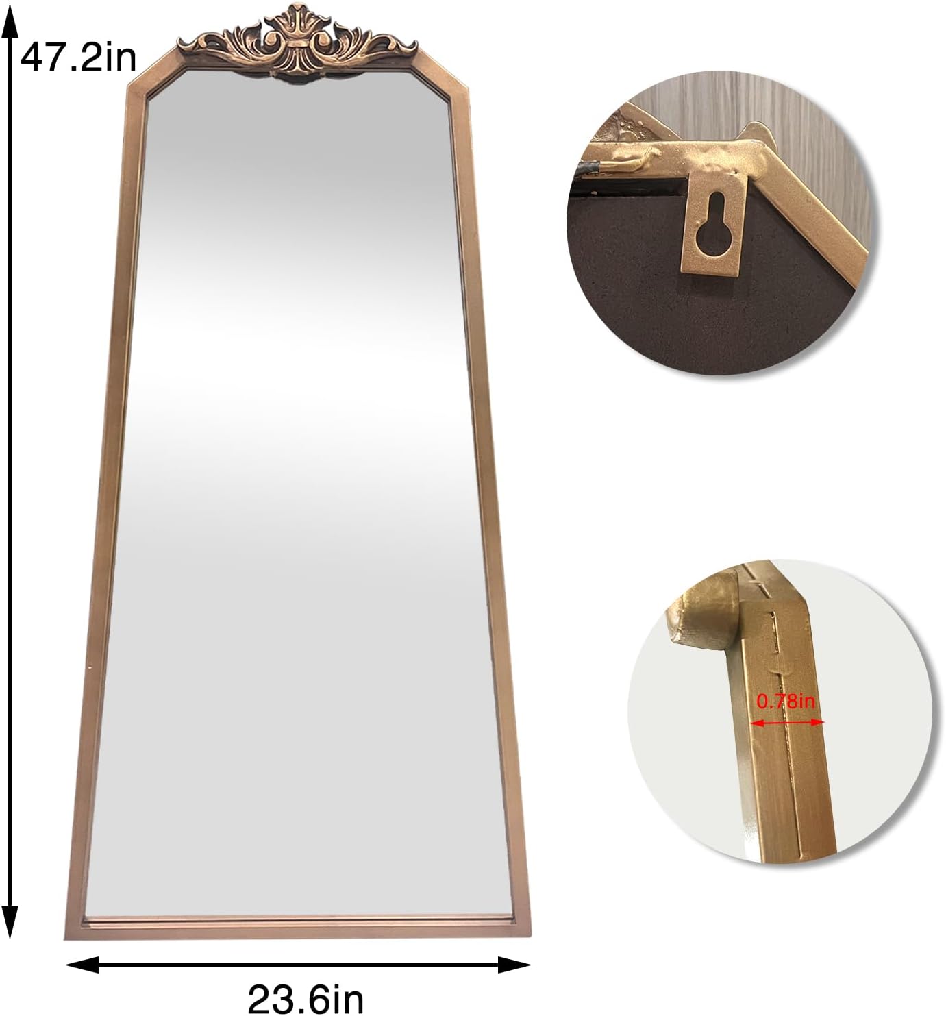POZINO Brass Vintage Mirror,47.2"x 24" Arched Decorative Wall Mirror with Metal Frame, Ornate Gold Crown Molding, Traditional Antique Trapezoid Mirrors for Entryway Fireplace Living Room Bathroom