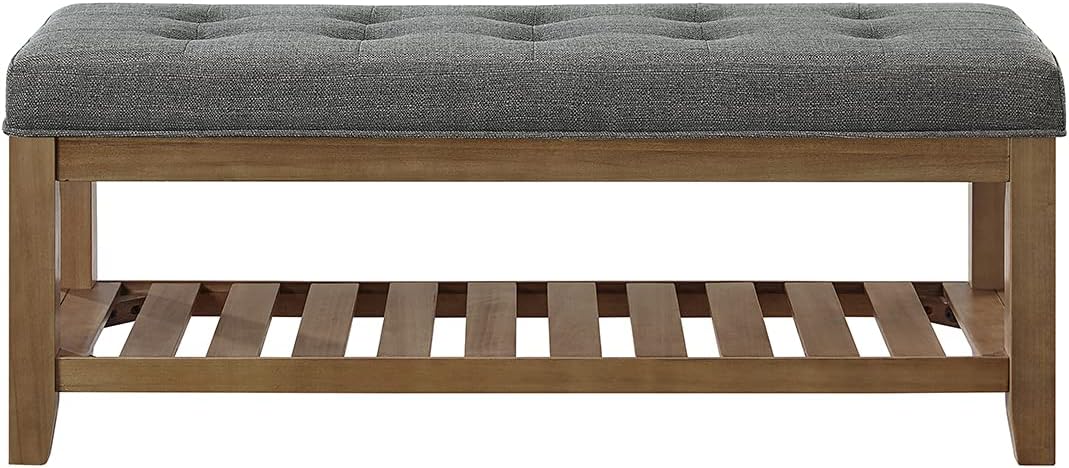 24KF Large Rectangular Upholstered Tufted Linen Fabric Ottoman Bench, Padded Bench with Solid Wood Shelf-Granite