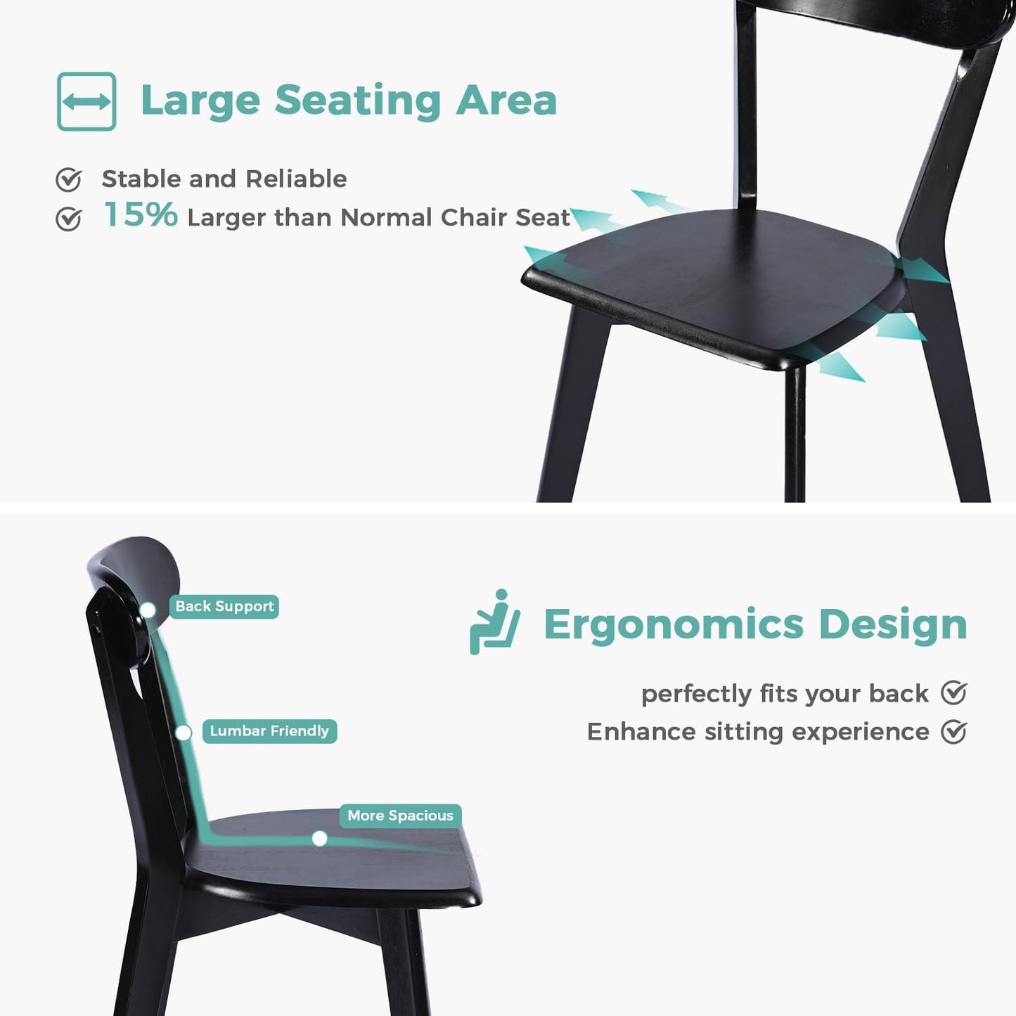 Solid Wood Dining Chairs Set of 4, Farmhouse Kitchen Chairs with Oak Backrest, Wooden Dining Room Chairs for Dining Room, Living Room, Non-Slip Foot Pads, Black