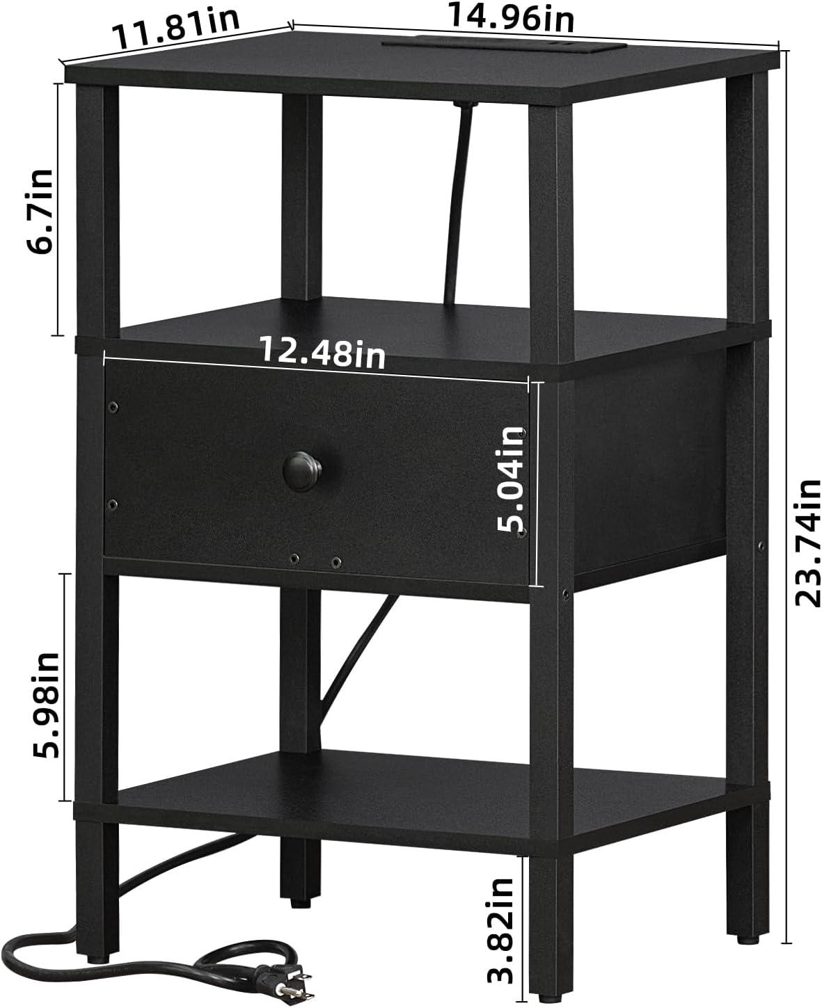 Lerliuo Nightstand Set of 2 with Charging Station and USB Ports, 3-Tier Storage End Table with Drawer Shelf, Night Stand for Small Spaces, Wood Bedside Table for Living Room, Bedroom - Classic Black