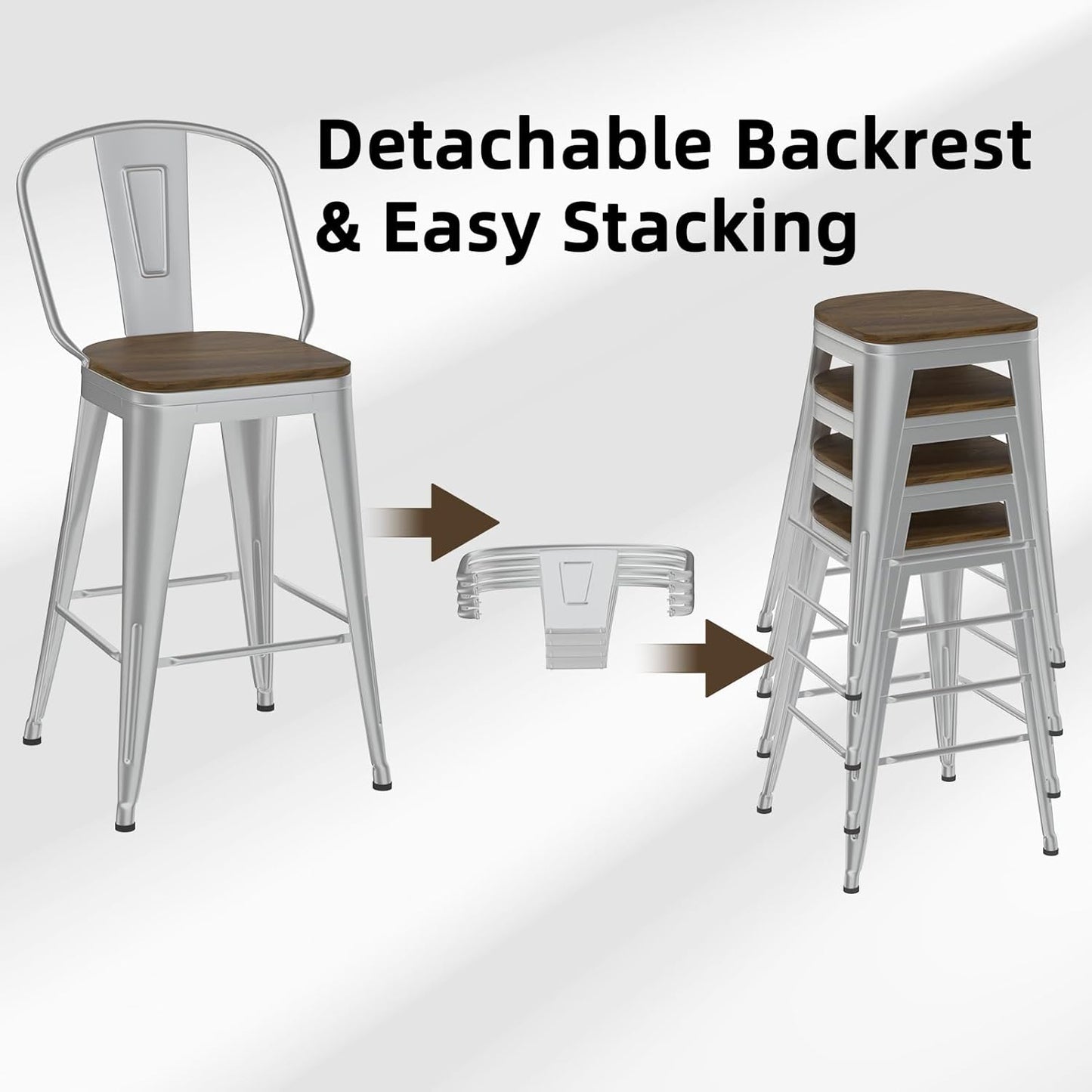 24” Swivel Bar Stools Set of 4, Counter Height Bar Stools Wooden Seat, Metal Industrial Bar Chairs with High Back for Kitchen Island (Silver)