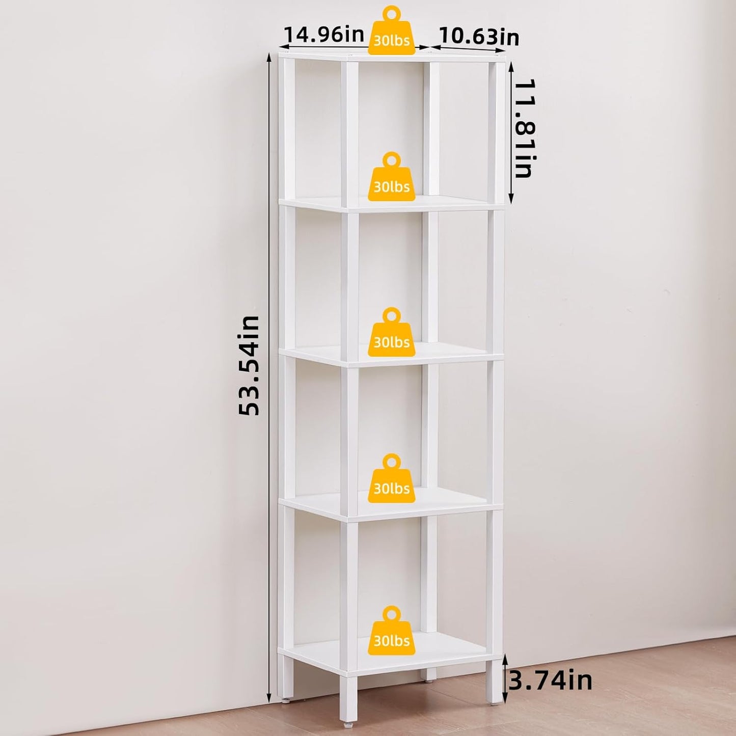 54in Tall Bookshelf 5-Tier Small Narrow Bookcase, Skinny Book Shelf for Small Space, Farmhouse Slim Shelf with Storage, Wood Freestanding Display Thin Bookshelves for Living Room, Office, White