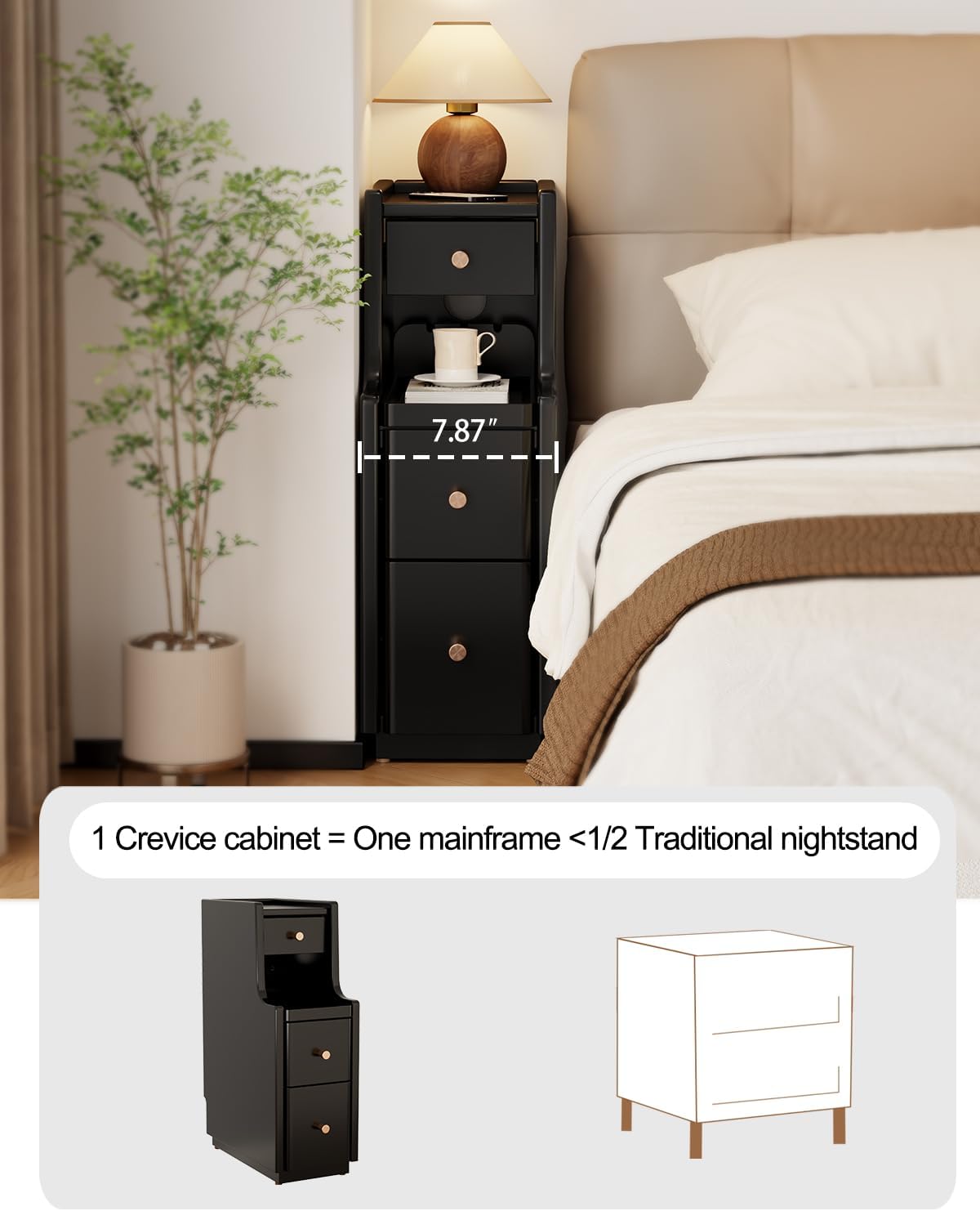 Narrow Nightstand with 3 Drawers,Solid Wood Narrow Bedside Tables, Small Bedside Tables,Modern Slim Small Nightstand for Bedroom(Black)