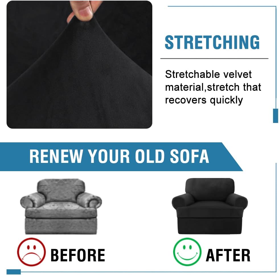 H.VERSAILTEX Sofa Cover 2 Piece T Cushion Armchair Slipcovers Thick Velvet Couch Cover Furniture Protector Stretch T Cushion Sofa Covers for 1 Cushion Couch with 1 Individual T Cushion Covers, Black