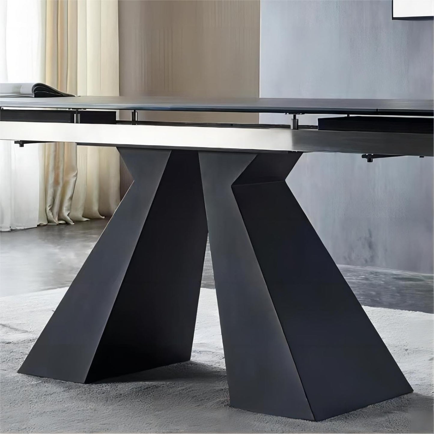 Extendable Dining Table for 8-12 Seat, Flexible Stretch, Tabletop Made from Rock Plate and Tempered Glass, Solid Carbon Steel Base, 35.4" D x 94.5" W x 30" H, Dark Grey