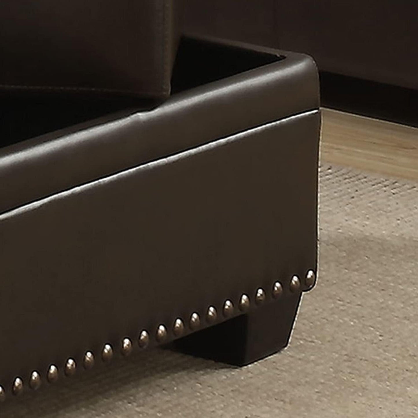 AC Pacific Louis Collection Traditional Upholstered Leather Living Room Piece with Antique Brass Nail Head Trim, Ottoman, Dark Brown