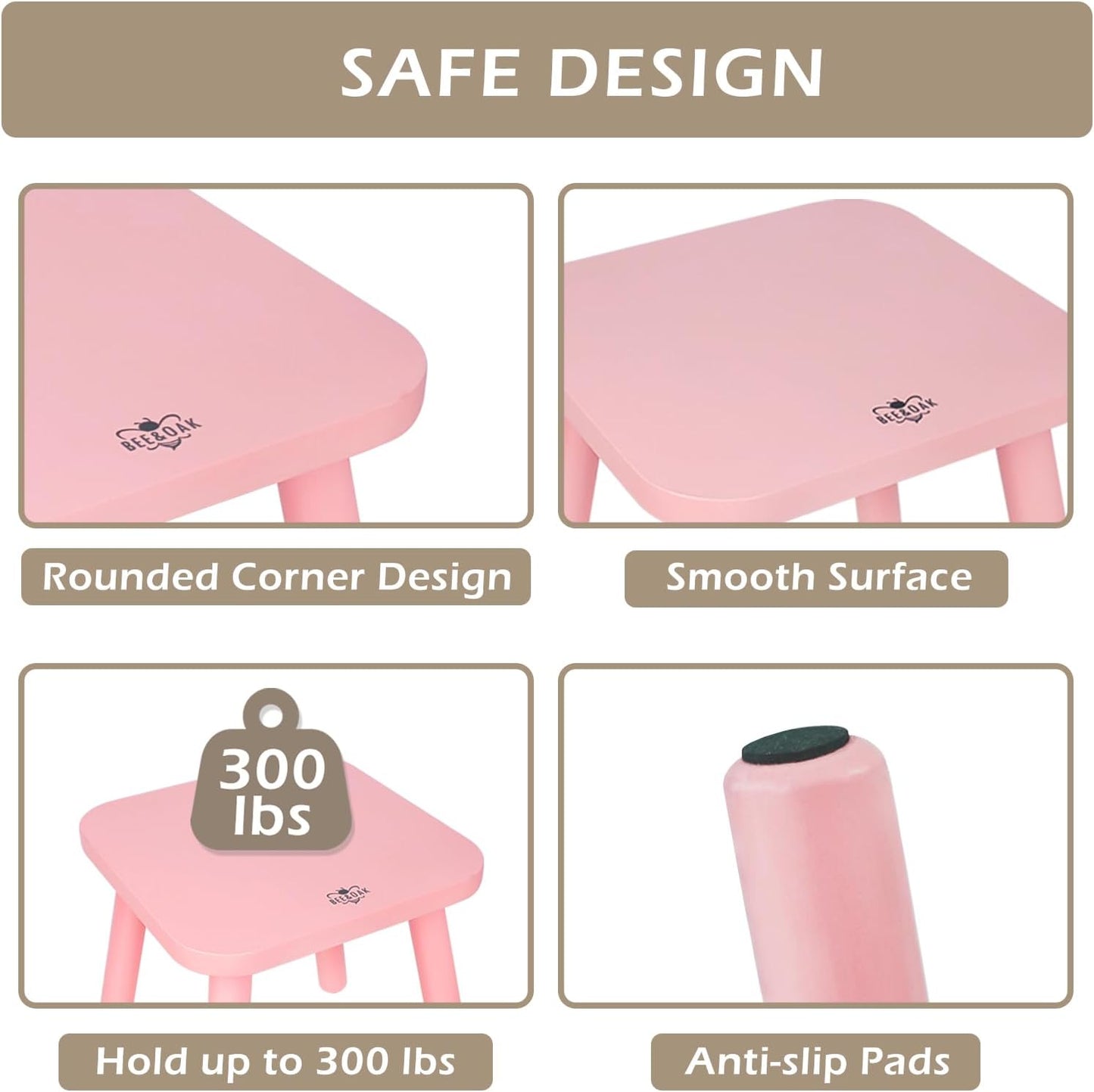 BEE&OAK Wooden Step Stools for Adults, Solid Rubber Wood Non-Slip Step Foot Stool, Heavy Duty 300 lbs One Step Stool for Bedroom, Bathroom, Kitchen,Outdoor (Pink, 11" (D) x 11"(W) x 11.8"(H))