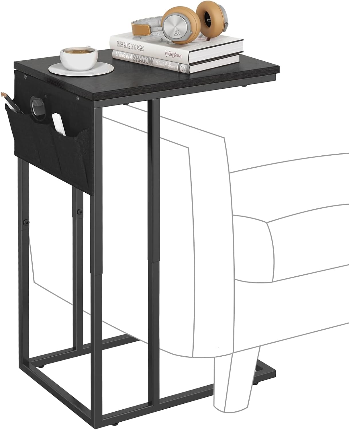 C Shaped End Table for Couch, Small Couch Side Table for Sofa, C Side Table with Storage Bag, TV Tray Table for Living Room, Bedside Table for Bedroom, Snack End Table for Couch, Black