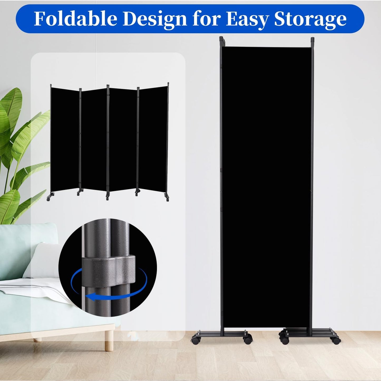 Room Divider 6FT Room Partition with Lockable Wheels,4 Panel (Thicked Metal Base) Room Dividers, Freestanding Indoor Folding Privacy Screens, Portable Fabric Wall Divider for Room Separation, Black