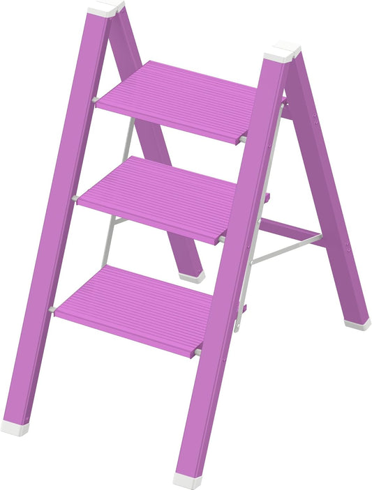 3 Step Lightweight Folding Ladder for Home, 330lbs Aluminum Step Ladder Anti-Slip for Kitchen, Step Stool Foldable Adults for Closet, 330lbs - Light Purple