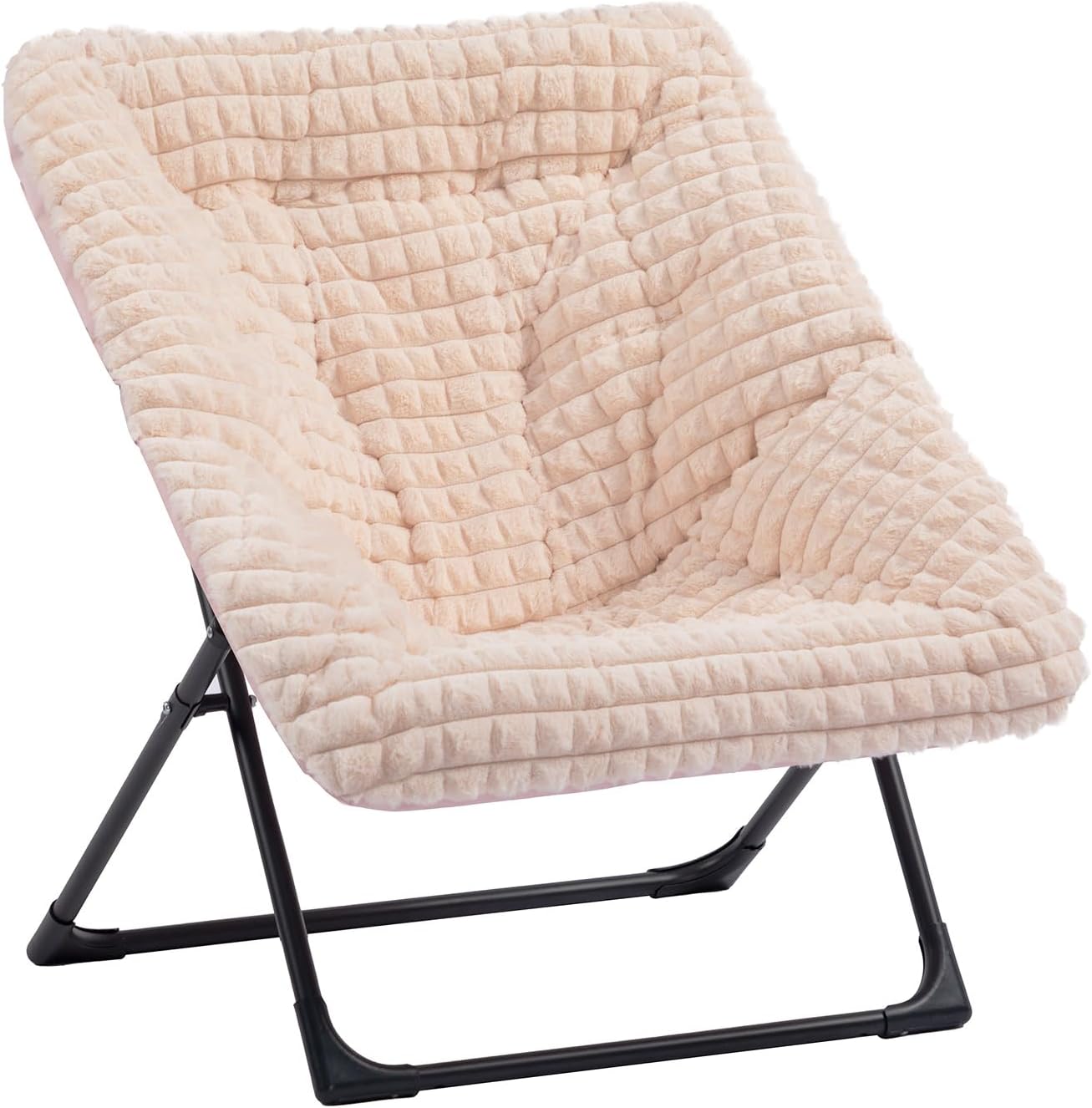 HollyHOME X-Large Saucer Chair, Comfy Oversized Folding Chair, Faux-Fur Reading Chair for Teens, Adults, Foldable Accent Chair, Metal Lounge Chair for Living Room, Bedroom, Dorm, Grid Champagne Pink