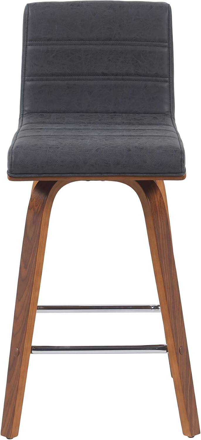 Armen Living Vienna Modern Swivel 26" Counter Height Barstool with Vintage Black Faux Leather and Walnut Wood Finish