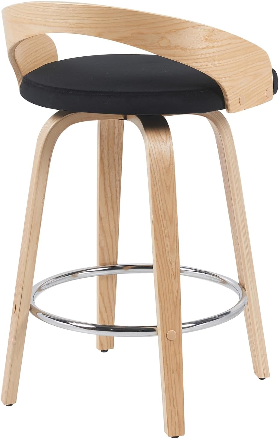 Sonia Modern Swivel Counter Height Bar Stool with Black Upholstered Seat and Patterned Oak Wood Finish Set of 2